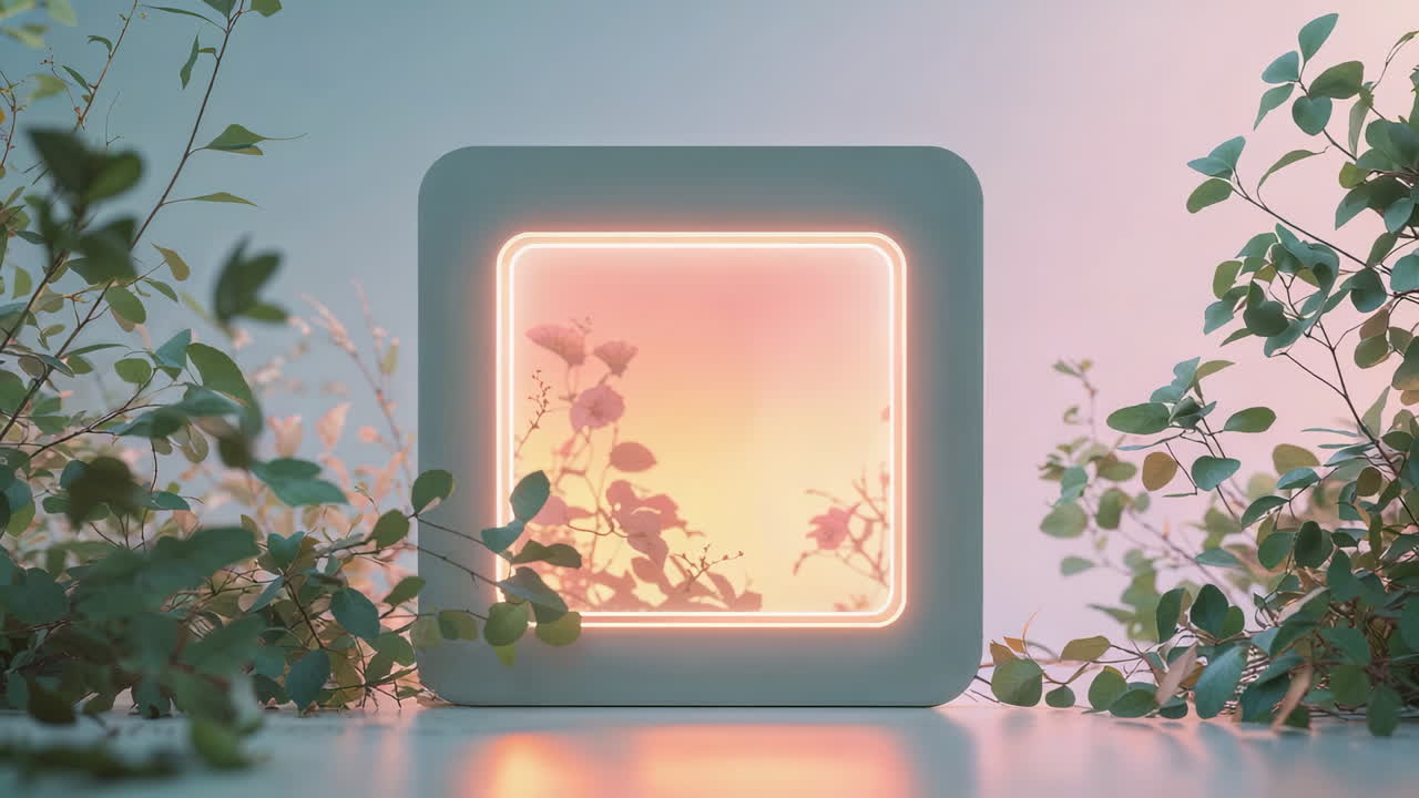Glowing Neon Square Frame with Botanical Elements on a Vibrant Gradient Background