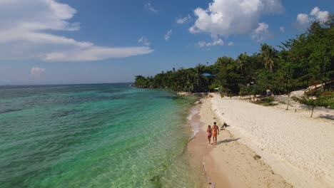 4k-dron-video fliegt unter einem kokosnussbaum und über einem paar, das am strand von lambug, einem tropischen weißen sandstrand in moalboal, cebu auf den philippinen, spazieren geht