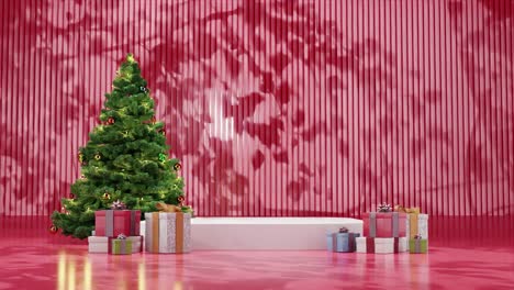 Weihnachtsbaum-Mit-Ornamenten-Und-Verpackten-Geschenken-Auf-Einem-Roten-Boden-Vor-Einem-Roten-Hintergrund