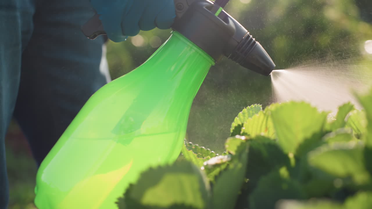 close up of gardener wearing glove spraying strawberry leaves with pesticide from green pump sprayer while insect hovers nearby sunlight creating mist and bokeh background