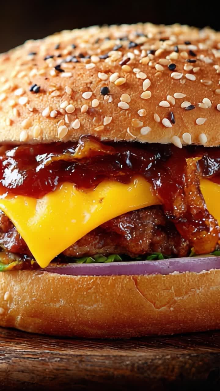 Köstlich saftiger Cheeseburger mit geschmolzenem Käse und würziger Barbecuesauce auf einem Sesambrötchen, perfekt für jede Mahlzeit oder Snackzeit