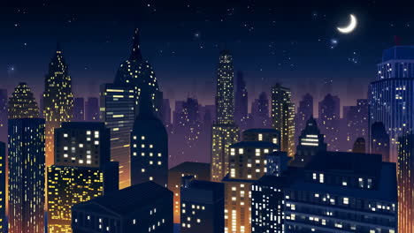animated city skyline at night with stars and moon