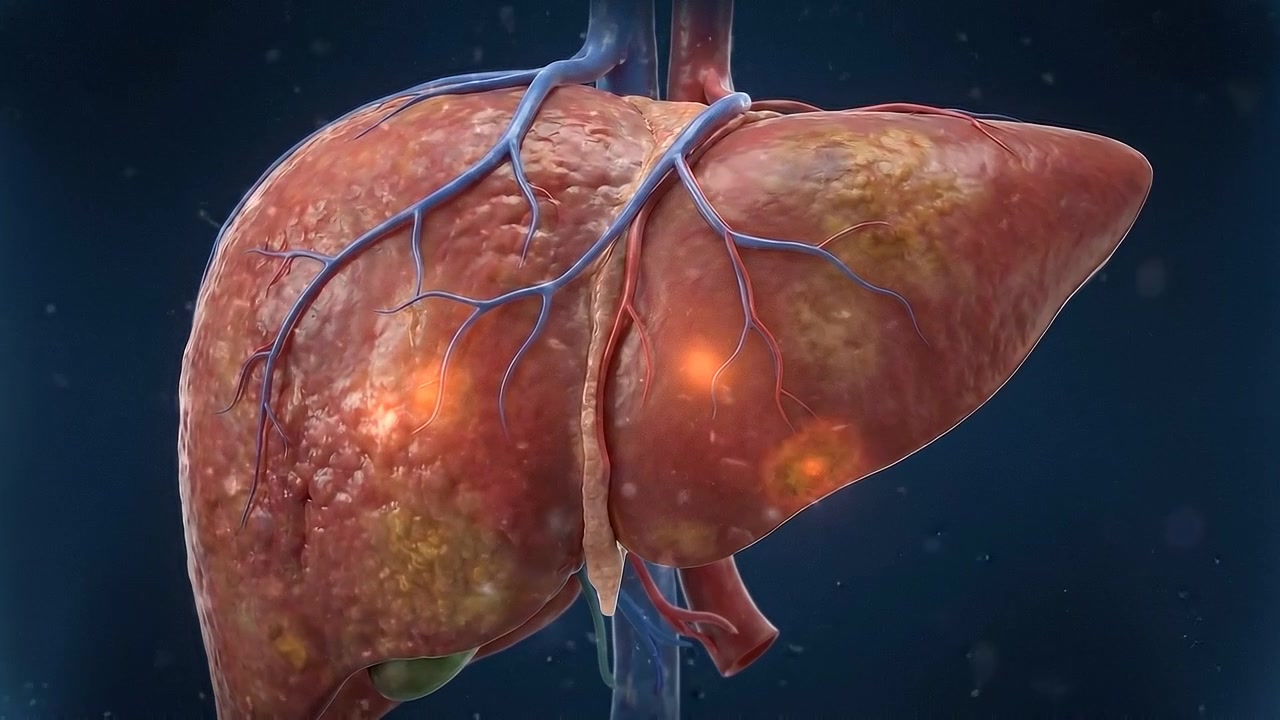 Detailed isolated human liver with textured surface on blue background