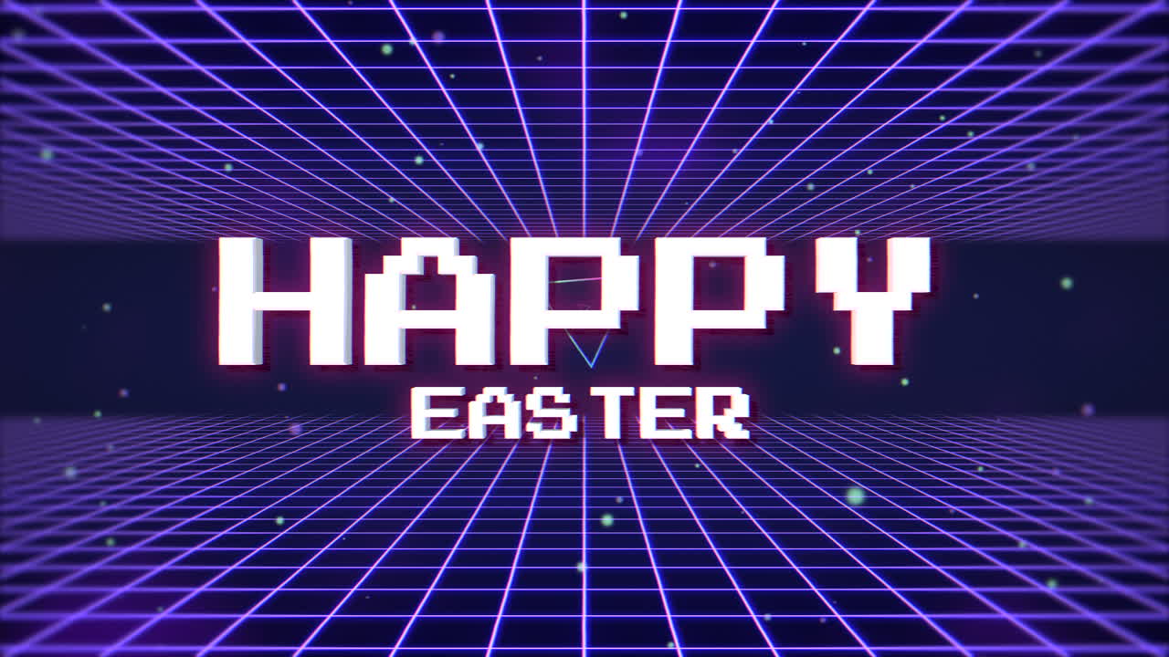 Testo animato Buona Pasqua e triangolo astratto retrò su sfondo a griglia retrò