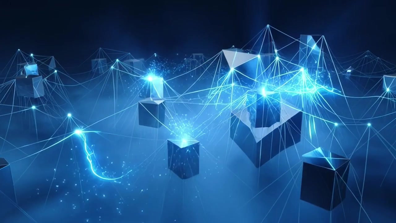 Abstract Digital Network with Floating Geometric Cubes and Glowing Data Connections