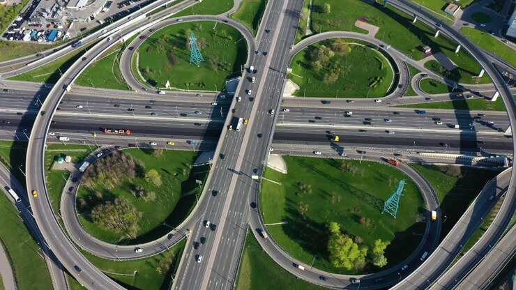 Aerial view of a freeway intersection traffic trails in Moscow.