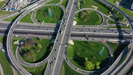 aerial view of a freeway intersection traffic trails in moscow.