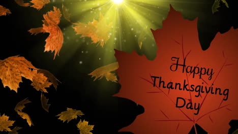 Animation-of-happy-thanksgiving-day-text-over-autumn-leaf-on-green-background