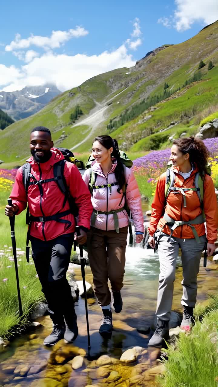 Diverse young friends hiking through vibrant spring landscapes.