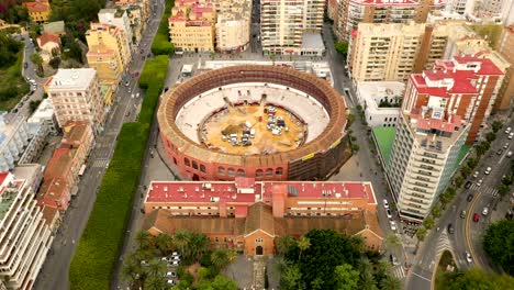 aerial view of beautiful circular bull arena in malaga, spain