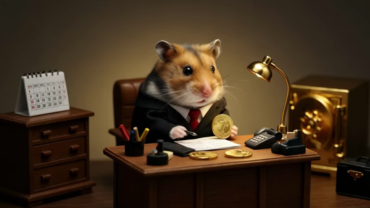 A tiny hamster dressed in a smart suit sits at an elegantly arranged desk, surrounded by shiny coins and a thoughtfully displayed calendar, all within a warm and inviting office atmosphere