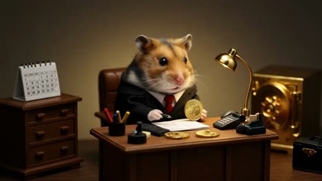 a tiny hamster dressed in a smart suit sits at an elegantly arranged desk, surrounded by shiny coins and a thoughtfully displayed calendar, all within a warm and inviting office atmosphere