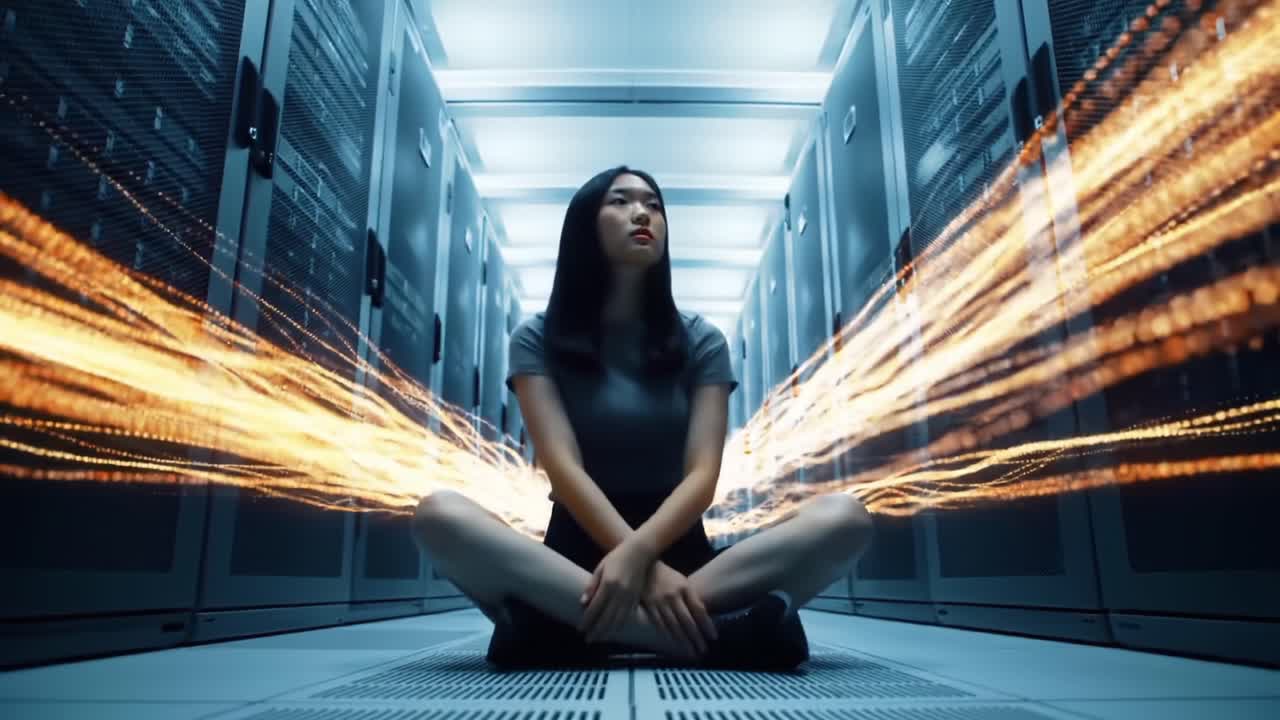 A young woman meditating in a data center, surrounded by glowing streams of information, symbolizing the fusion of technology and mindfulness in the digital age