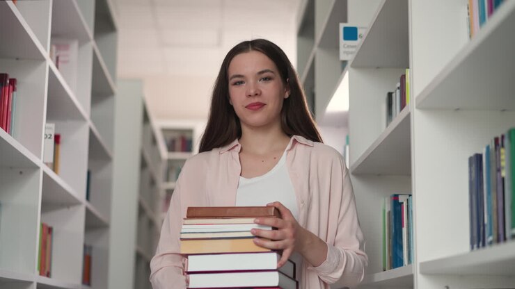 Female shop assistant with book stack in storage. Young librarian gathers literature for customer in modern bookstore. Lady with books set in store