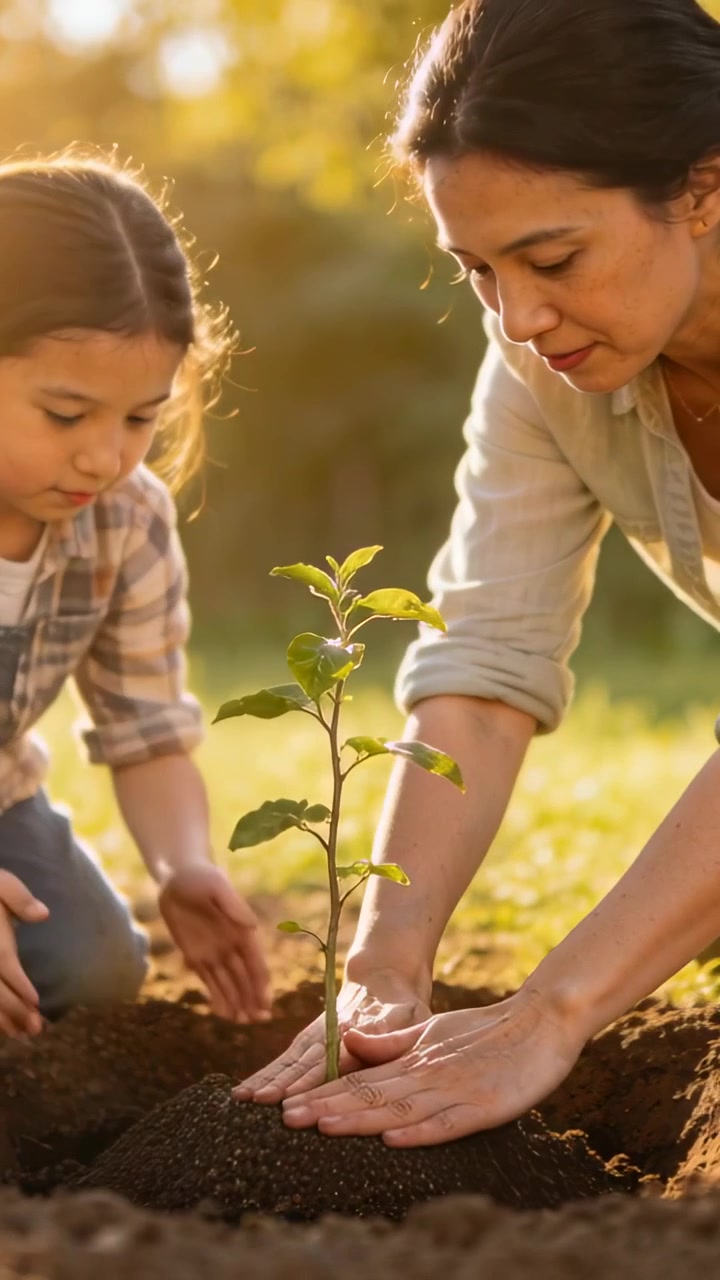 Vertical video: Planting after hole dug, mom guiding girl placing sapling in garden, overalls