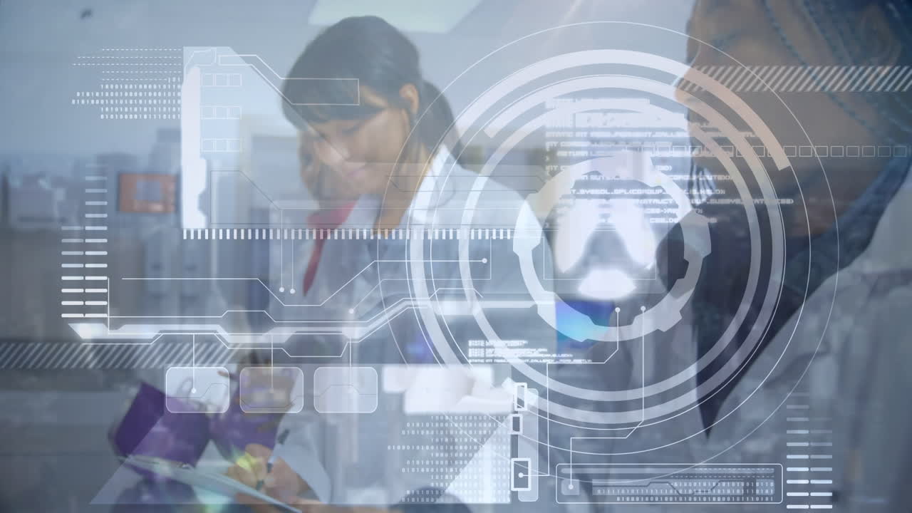 animación de diversos procesamientos de datos sobre diversas trabajadoras de laboratorio