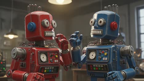 two vintage robots engaging in a whimsical conversation, showcasing their colorful designs and different personalities in a retro workshop setting