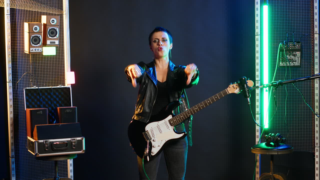 Woman playing electric guitar on stage
