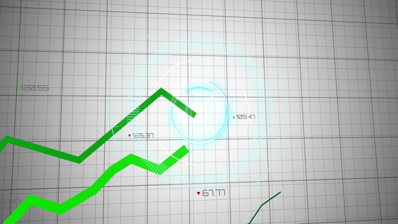 Animazione di una scansione su linee verdi ed elaborazione di dati finanziari.