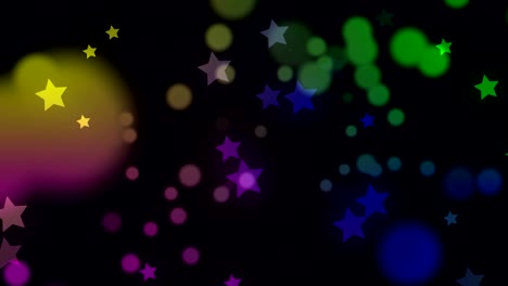 video generado digitalmente de manchas brillantes multicolores y estrellas que se mueven contra un fondo negro