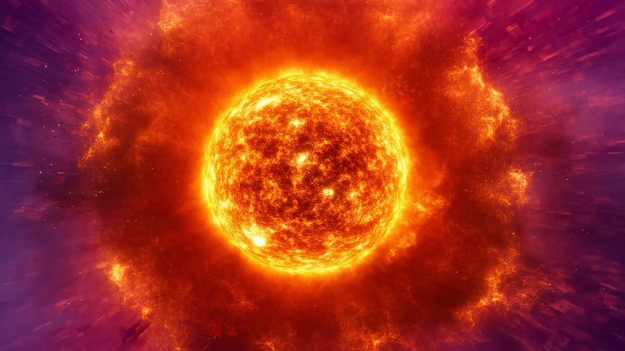 Kirkastava keskeinen tähtimäinen pallo laajenee ulospäin magentan värisessä sumussa, syökseen plasmahöyheniä