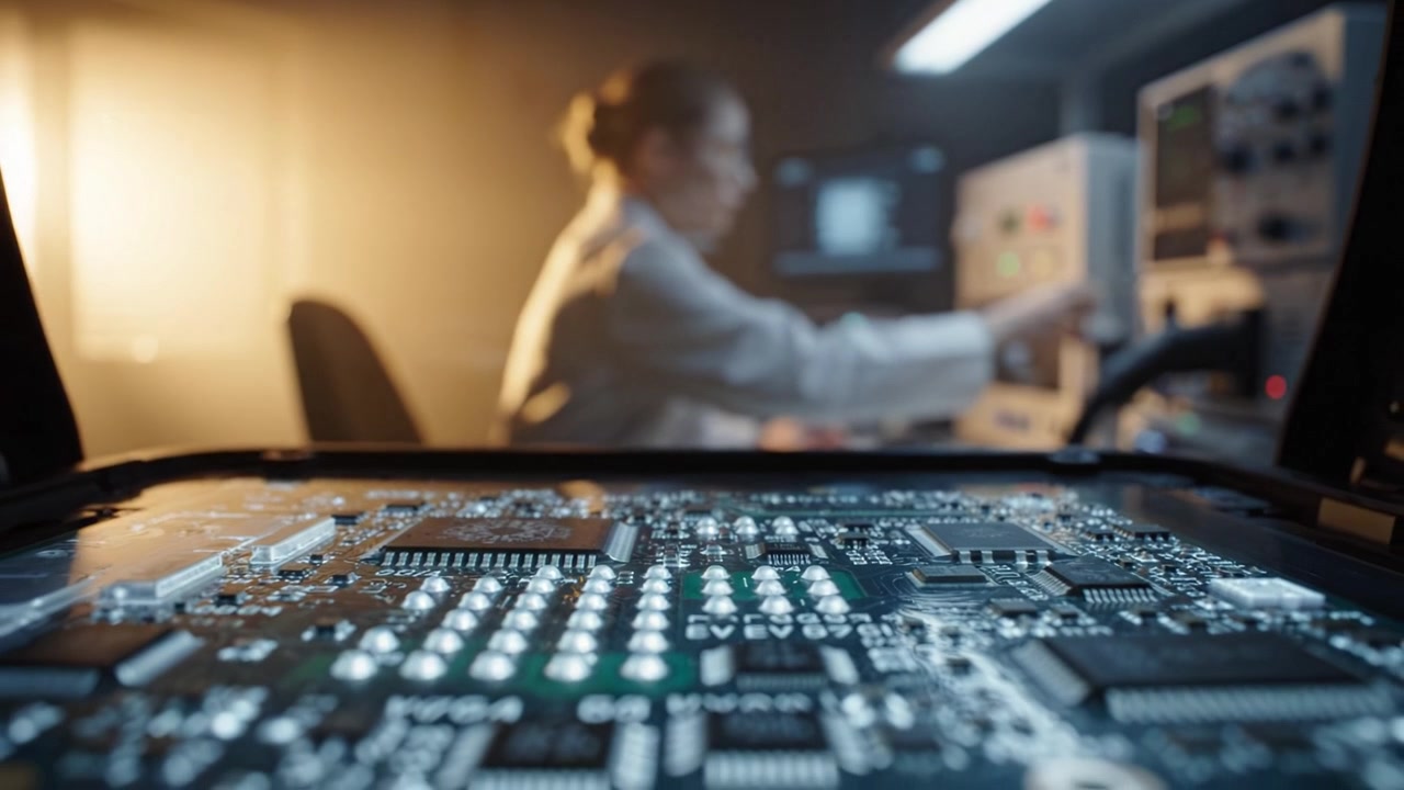 Close-up of a high-tech printed circuit board with a focused technician working in the background, illustrating advanced electronics in a research environment