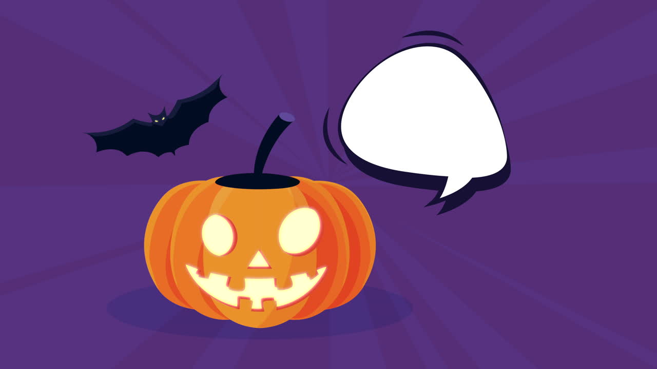 calabaza de halloween con burbuja de habla y murciélago