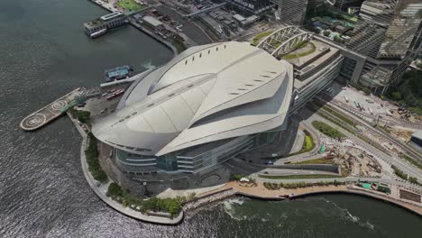 Aerial-of-the-Hong-Kong-Convention-and-Exhibition-Centre-and-city-skyline,-Wan-Chai,-Hong-Kong,-China