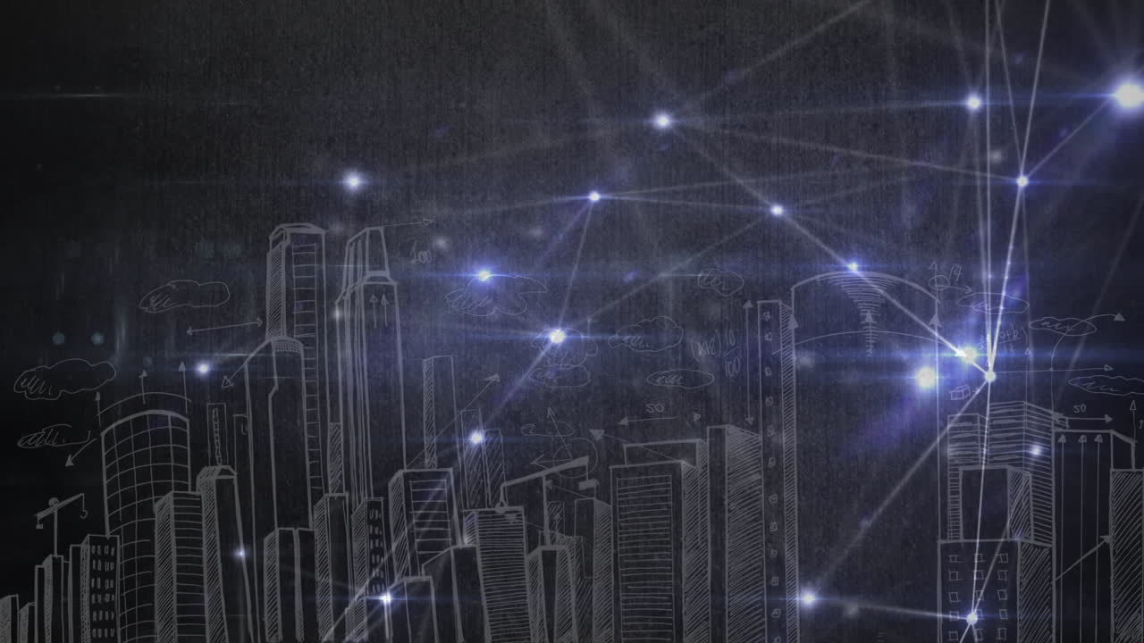 リンクに接続された光点.背景の都市風景の図面
