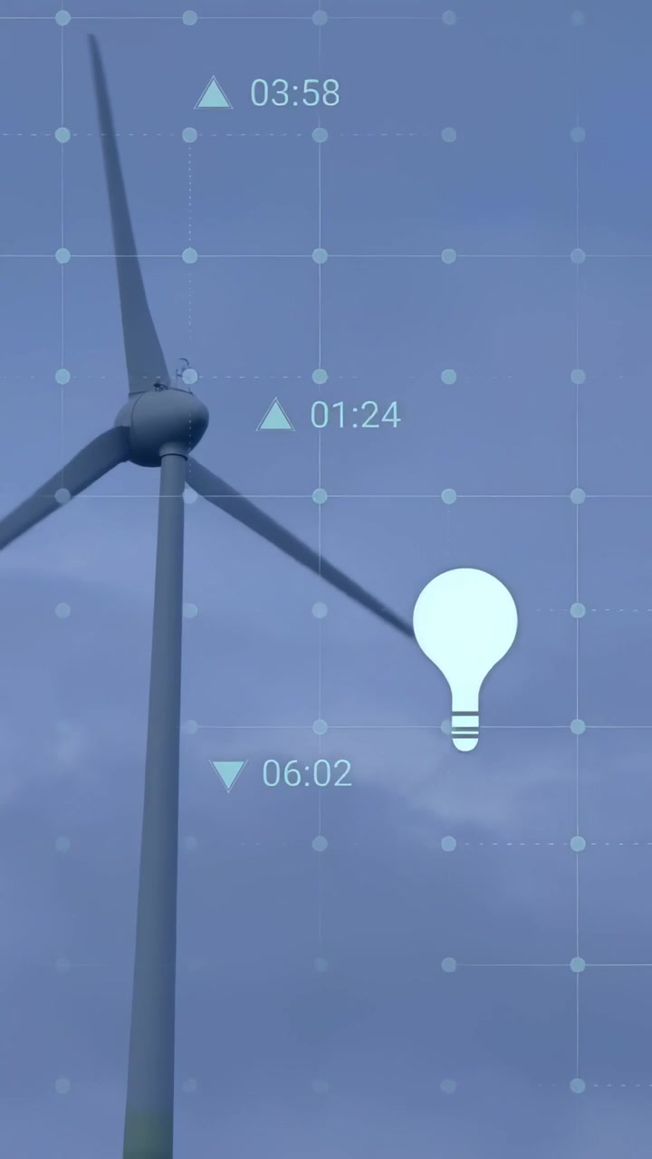 Vertical video: Wind turbine rotating as grid appearing, icons shifting times to show energy links