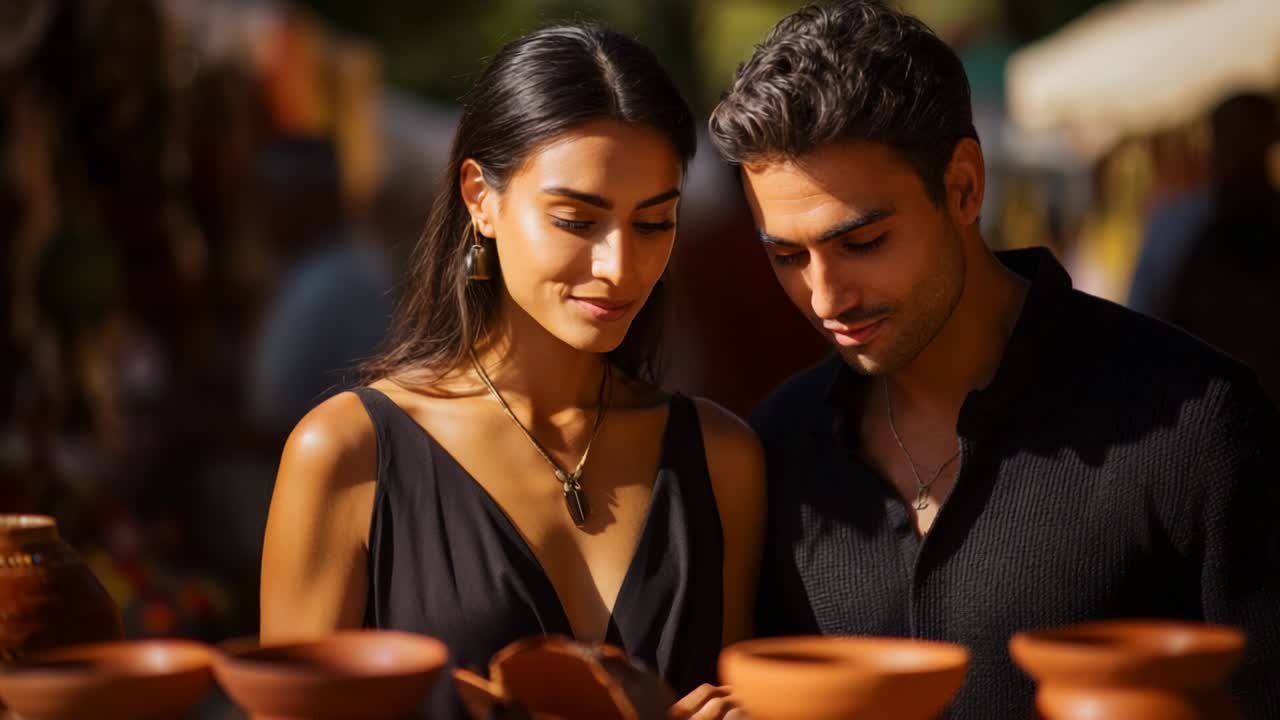 Enjoying a Cultural Experience: A Couple's Delight in Exploring Handcrafted Pottery at a Vibrant Market, Surrounded by the Warmth of Artisan Creations and Bright Colors Under the Sunny Sky