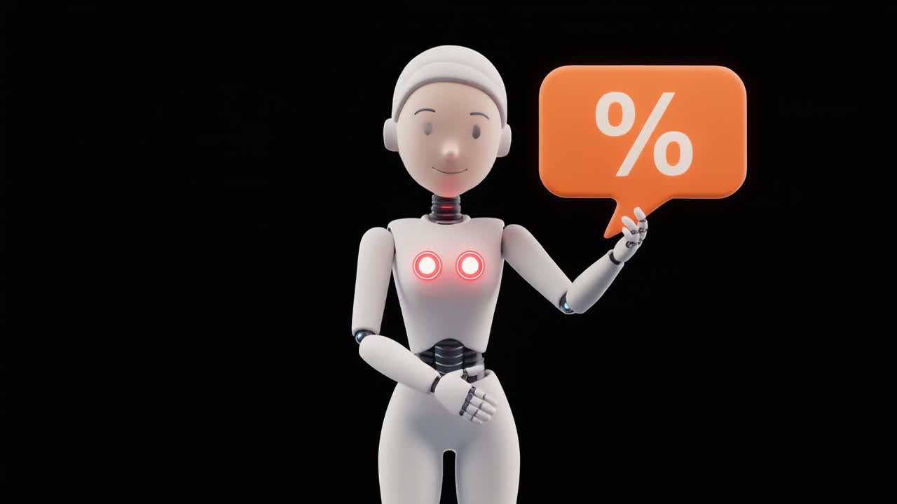 Personaggio robot 3D che tiene una nuvoletta con il simbolo della percentuale