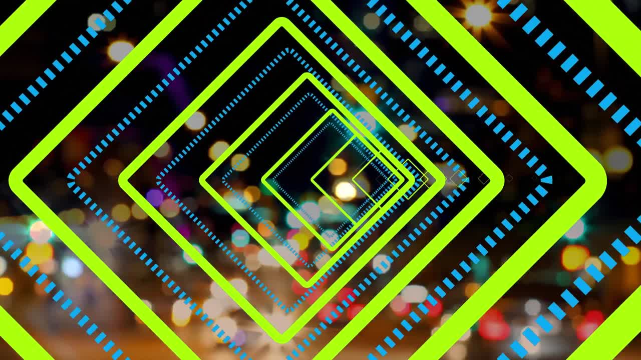 animación de cuadrados verdes y azules que se mueven sobre el tráfico nocturno borroso de la ciudad