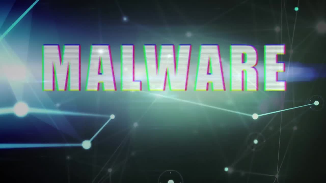 Animation of network of connections, diverse data and malware text