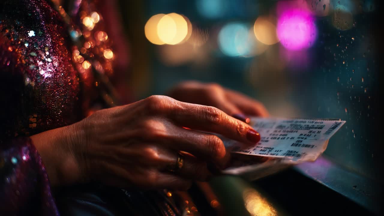 A Close-Up of a Person's Hands Holding a Ticket, Illuminated by Soft Colorful Lights, with Raindrops on the Window Suggesting an Evening Full of Anticipation and Excitement for the Upcoming Event