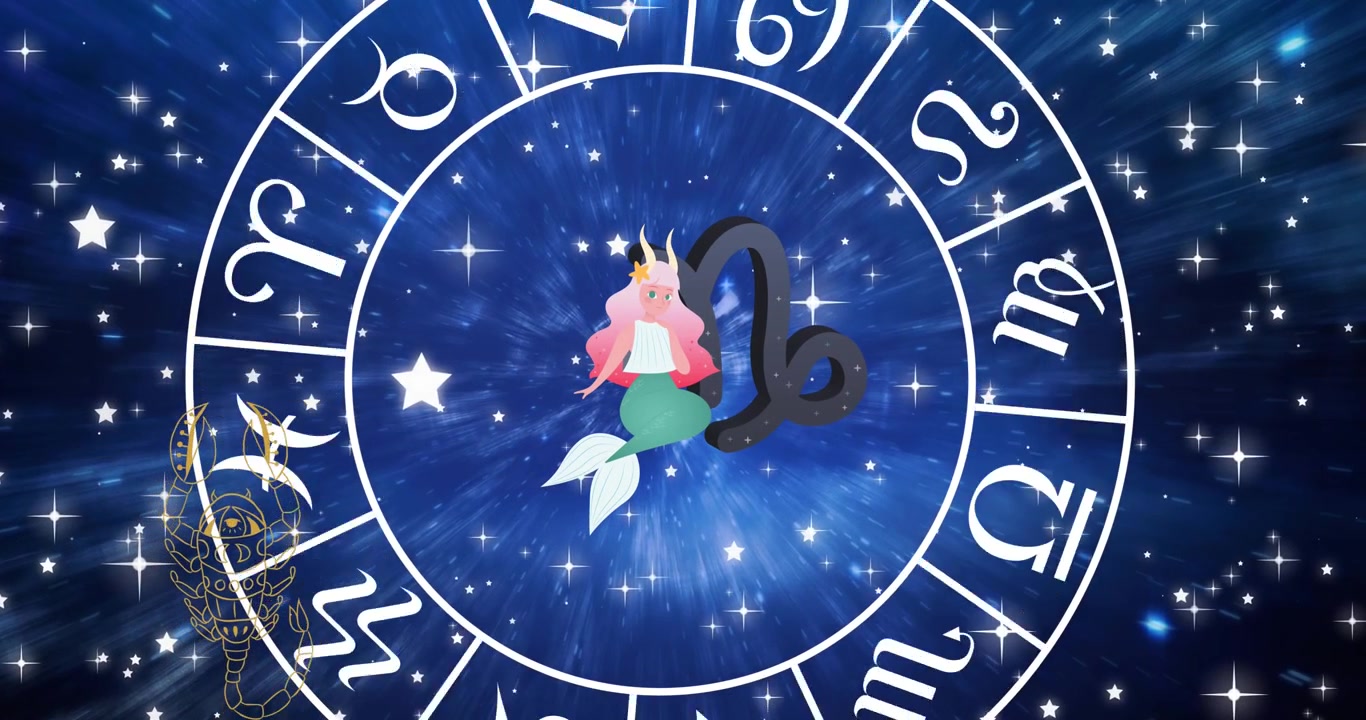 Animation of pisces star sign in zodiac wheel on starry night sky