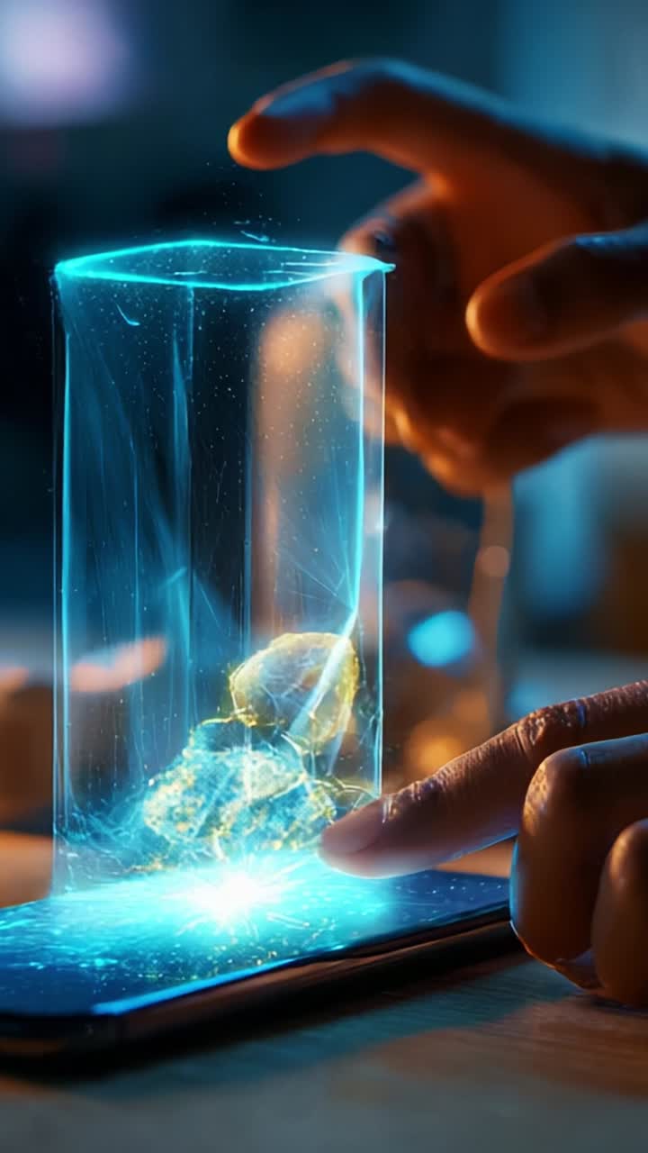 A mesmerizing display of holographic technology showcasing luminous crystal-like structures, captured through a dynamic interaction with a smartphone interface
