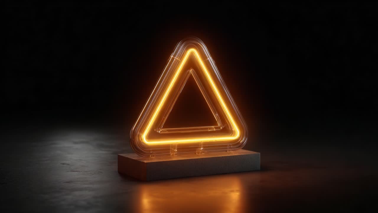 Illuminated Neon Triangle Sign Glowing Brightly on a Dark Surface, Emitting Warm Orange Light and Creating a Captivating Visual Effect in an Artistic Display