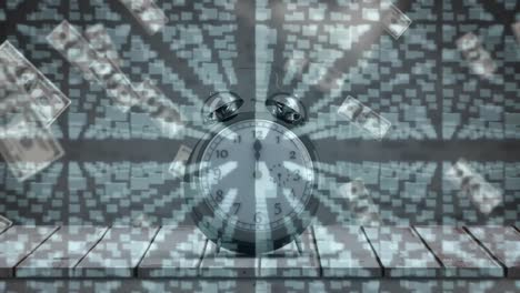 animation of folders, security padlock and clock over falling dollar banknotes