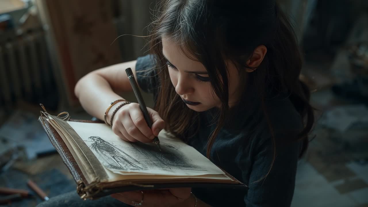 Menina inclinada para frente, esboçando em um grande caderno de desenho no colo em casa, aperfeiçoando a figura vestida