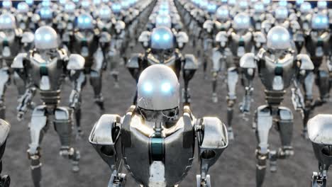 robots metálicos marchando en formación
