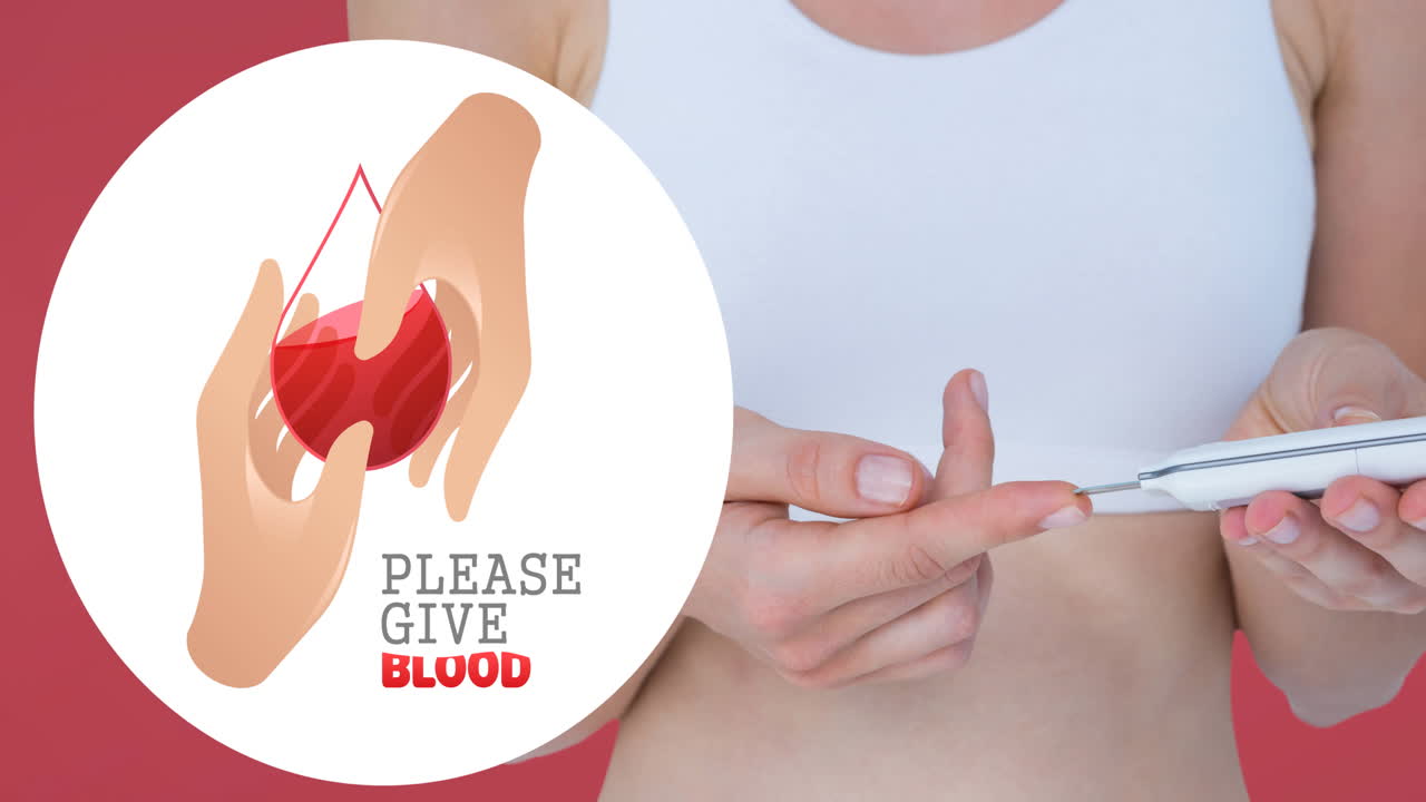 Animation of give blood text with hands and droplet logo over woman taking pinprick blood test