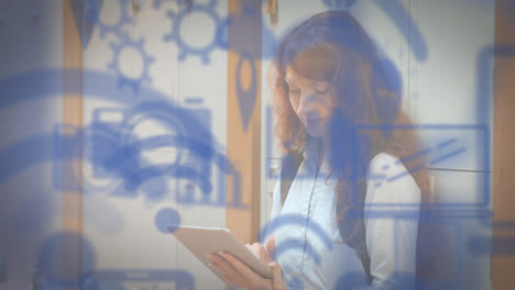 animación de la red de conexiones de iconos digitales sobre una estudiante usando una tableta digital