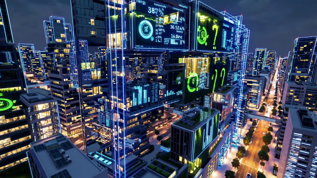 Futuristic cityscape with digital screens displaying data, captured from a high-angle