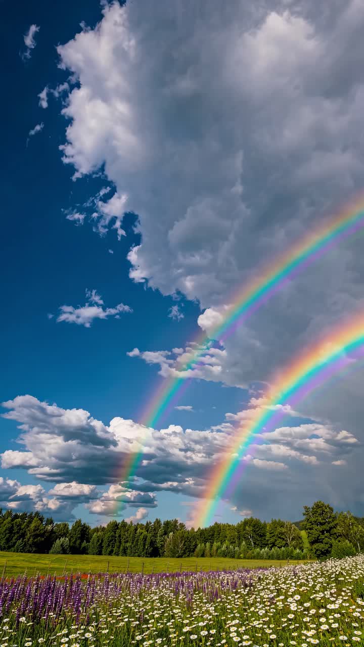 A wide-angle video captures a vibrant double rainbow arching over a lush field of wildflowers, set