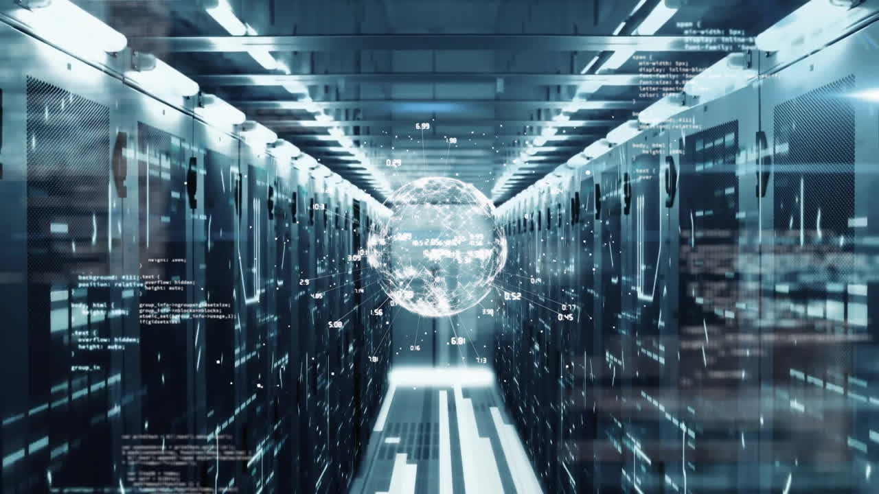 Animation of globe and digital data processing over computer servers