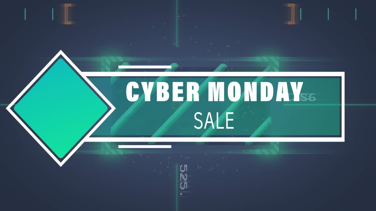 Animation of cyber monday sale text over data processing and scanning