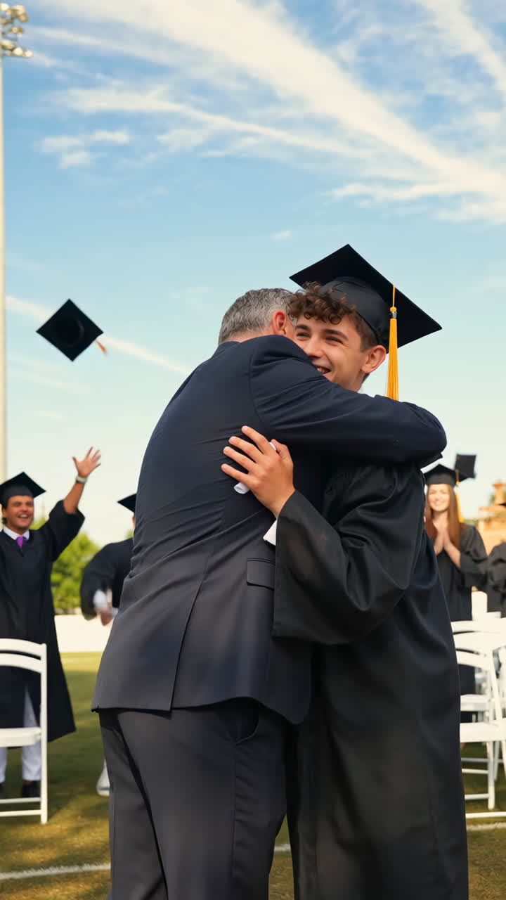 Emotional Embrace Between Father and Son at Graduation Ceremony