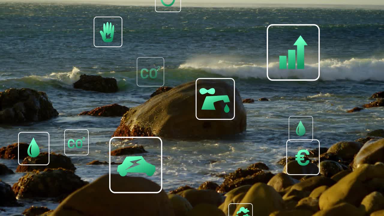 Rocky coast starting green data icons fading in drifting overlapping fading out to show eco data