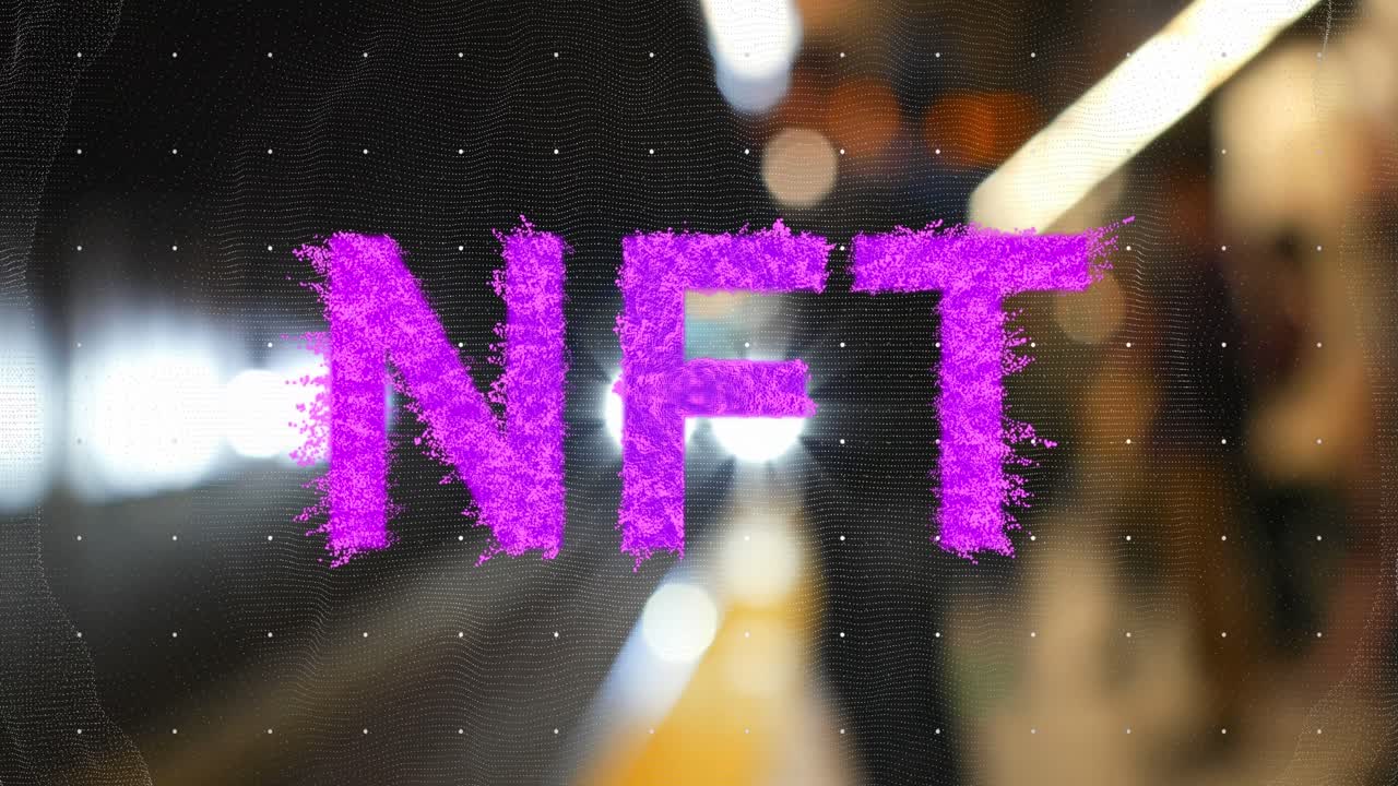 Animation of pink nft text over underground train arriving at metro station